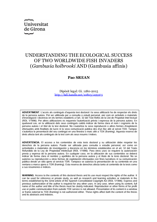 Cover of UNDERSTANDING THE ECOLOGICAL SUCCESS  OF TWO WORLDWIDE FISH INVADERS  (Gambusia holbrooki AND (Gambusia affinis)